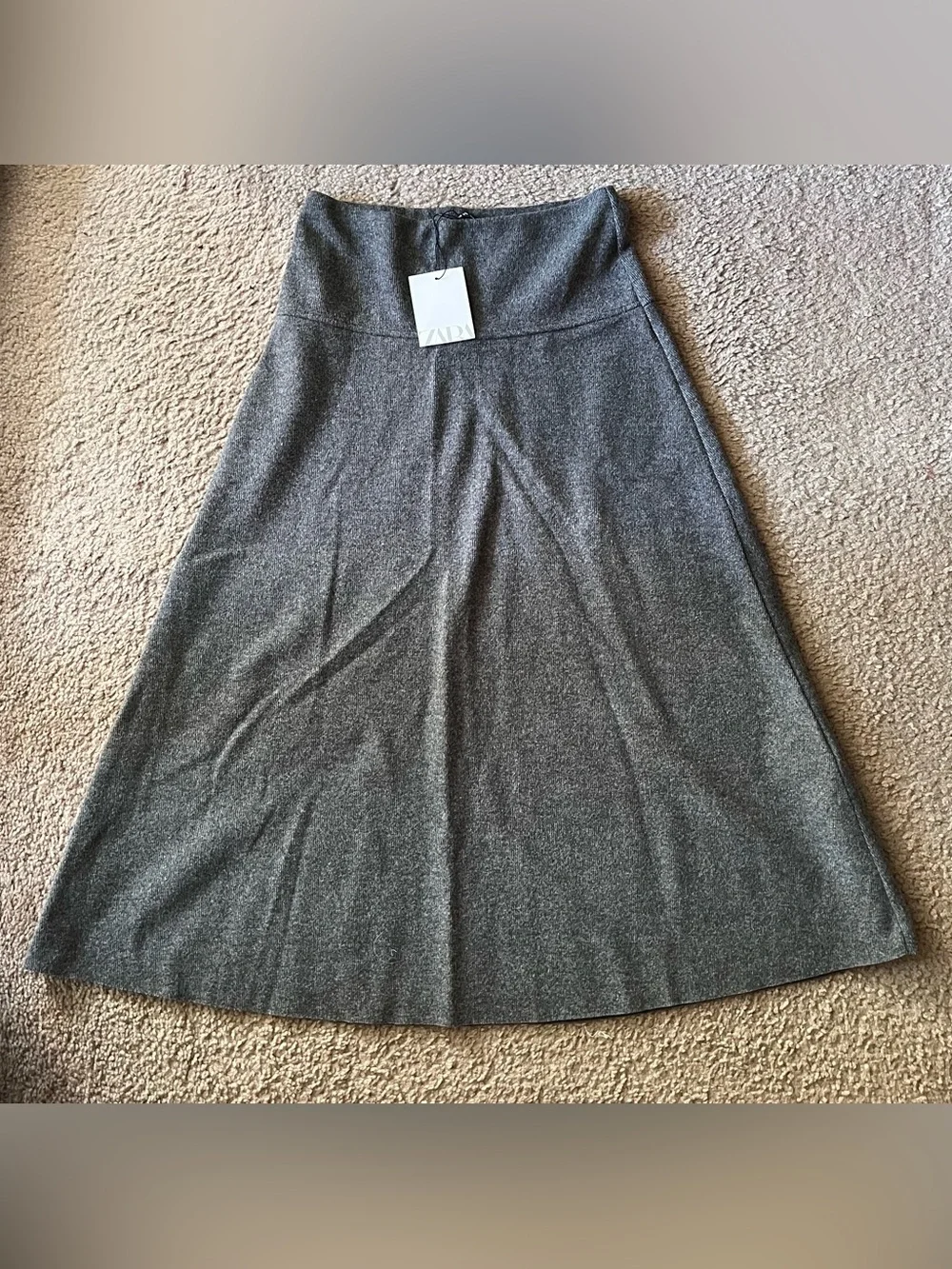 Zara Grey Knit High Waisted A-Line Midi Skirt NWT S